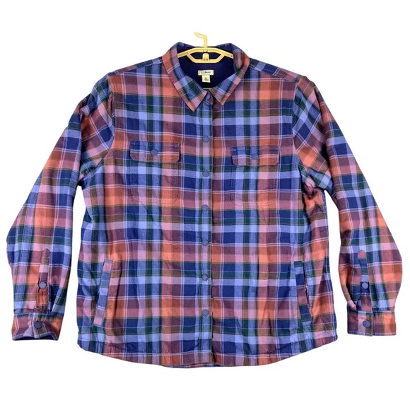 L.L.Bean‎ Flannel Shirt Jacket Snap Fleece Lined Plaid Button Up XL - Picture 1 of 7